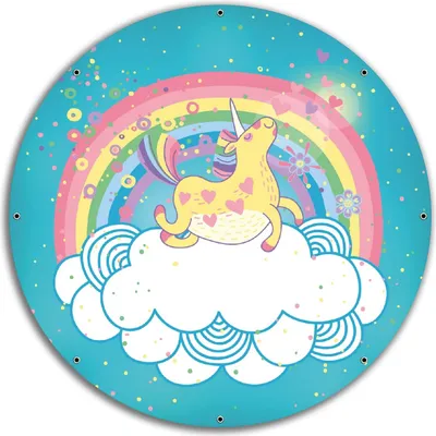 Produktbild von Wallario rundes Outdoor-Poster für Garten oder Balkon, Motiv Lustiges Einhorn auf einer Wolke vor Regenbogen, 60 cm Durchmesser