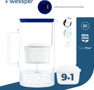 Produktbild von Wessper Wasserfilterkanne aus Glas 3 L mit Manuelle Filterverschleißanzeige, Kompatibel mit Brita Maxtra, Maxtra +,  | + 10 Kartusche