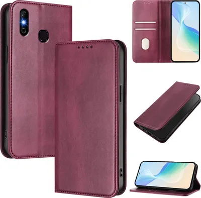 Produktbild von Handyhülle für Infinix Smart 4, Vintage Leder RFID Schutz Kartenfach Standfunktion Magnetische Klapphülle Rot