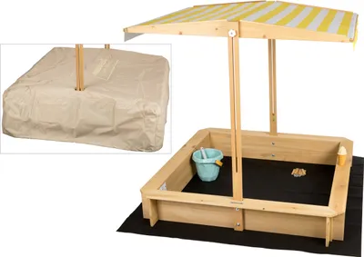 Produktbild von needs&wants® Sandkasten mit Dach Sitzbank und Boden Vlies-Folie, mit Abdeckung Oxford 600D, Sandkiste Holz rechteckig mit Bänken Outdoor Garten Kinder UV-Sonnenschutz, 113x113x113 cm, gelb weiß braun