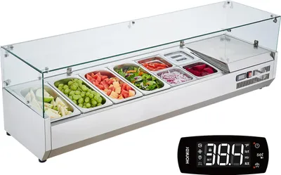 Image de Station à épices réfrigérée VEVOR pour le plan de travail, station de préparation avec 4 x 1/3 poêles & 4 x 1/6 poêles, corps en acier inoxydable 304 et couvercle en PC, table de préparation des sandwichs Protecteur de verre 155 W