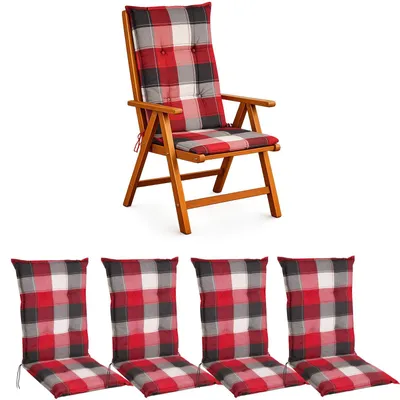 Produktbild von BURI 4x Hochlehner Auflage 120x50x5,5 cm - wetterfeste Gartenstuhlauflage mit Schaumkern & Vollvlies, Halteband & Bindebänder, bequemes Stuhlpolster für Balkon, Terrasse & Garten (Rot/Grau Kariert)