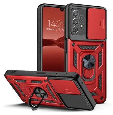 A red and black phone case with a ring holder and camera cover is displayed from multiple angles.