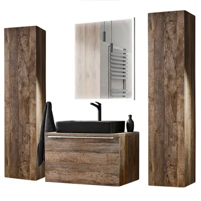 Produktbild von Badmöbel Set in Vintage Oak Eiche PUEBLA-56 Waschtischunterschrank mit Keramikbecken, LED-Spiegel & 2 Hochschränke