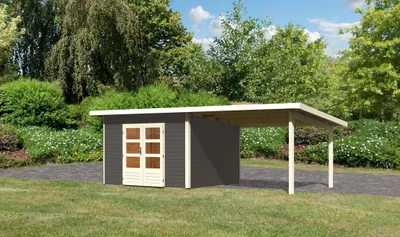 Produktbild von Karibu Gartenhaus Gerätehaus Northeim 3 im Set mit einem Anbaudach Breite 3,3 m terragrau 604x309x229,5 cm