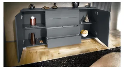 Produktbild von Sideboard Santo V2, Anrichte mit 2 Türen und 4 Schubladen, Anthrazit matt/Schwarz matt (166,5 x 75,5 x 35 cm)