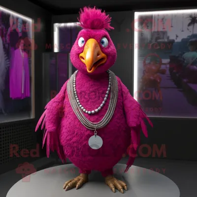 Produktbild von Magentafarbenes REDBROKOLY Tandoori-Huhn Maskottchen kostüm gekleidet mit einem Hemd und Halsketten