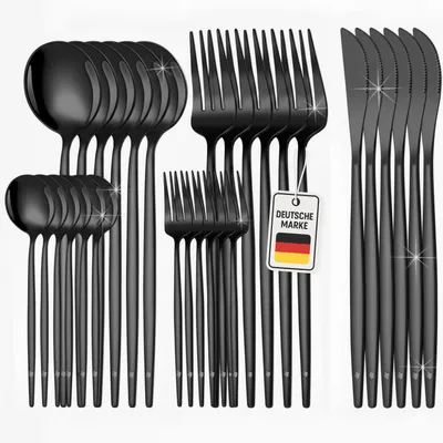 Produktbild von Roxlin Besteckset 30-teilig Standard Design – Edelstahl Tafelbesteck für 6 Personen – Rostfrei, Kratzfest & Spülmaschinenfest – Schwarz
