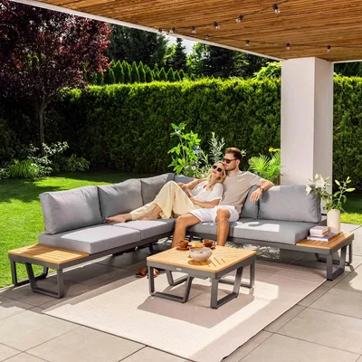 Produktbild von di volio Gartenmöbel Set Veledo, Garten Möbel für Outdoor - wetterfest & bequem, aus Aluminium und Holz, 2-Sitzer & 3-Sitzer Sofa und Couchtisch