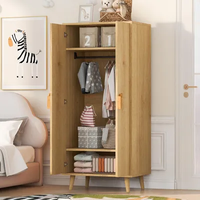 Productafbeelding van Merax garderobekast met grote opbergruimte, dubbele deur, handgrepen in cartoonstijl en verhoogde poten, geschikt voor slaapkamer, kinderkamer, natuurlijke stijl