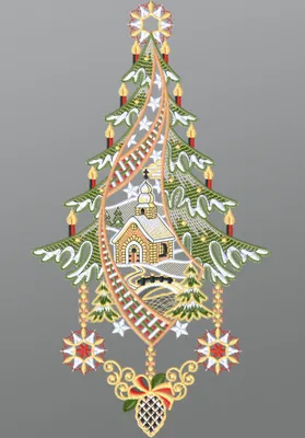 Produktbild von Fensterbild aus Plauener Spitze - Kirche mit Winterlandschaft und Tannenbaum  (Bx H) 20cm * 37cm mehrfarbig Fensterdekoration Fensterschmuck