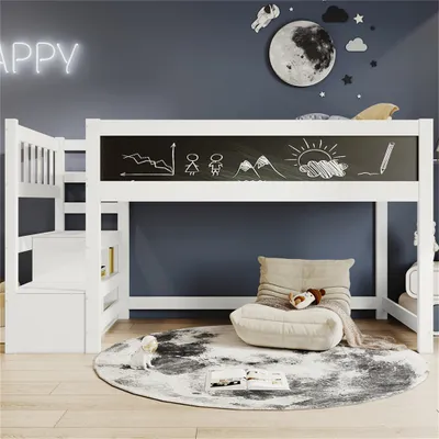 Produktbild von Etagenbett Kinderbett Hochbett mit Whiteboard&Tafel,Speicherung und Rausfallschutz 90 x 200 cm, Weiss Hochbett für Kinder– Lattenrost