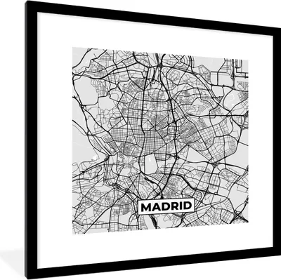 Produktbild von MuchoWow® Gerahmtes Poster Madrid - Schwarz und weiß - Stadtplan - Karte 40x40 cm - Poster mit Schwarzem Bilderrahmen Wandposter Rahmen Foto Bilder - Poster - Plakat im Rahmen
