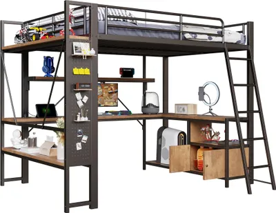 Produktbild von Hochbett mit Schreibtisch, LED-Streifen, Wandgitter, Regal, Schrank, Steckdose, USB, Type-C, Rausfallschutz, 140x200cm, Kinderbett, Metallbett
