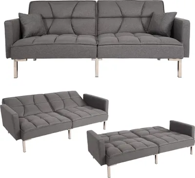A collage of a gray sofa bed in different configurations.