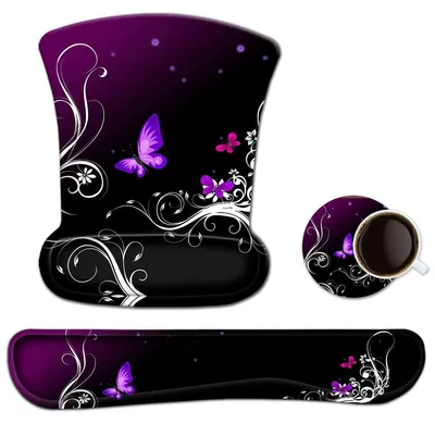 Image de Elzusha - Ensemble tapis de souris ergonomique et repose-main - Motif papillon violet