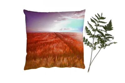 Produktbild von MuchoWow® Zierkissen Sofakissen Wohnzimmer Dekokissen 50x50 cm Wiese - Sonne - Abend - Landschaft - Komfort - Sofakissen