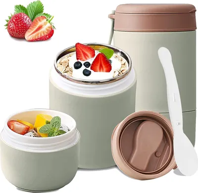 Produktbild von Edelstahl Müslibecher To Go 680ml, Doppelschicht Thermo Lunchbox, Auslaufsicher, Wärmedämmung, Grün
