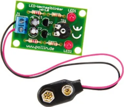 Produktbild von Bausatz LED-Wechselblinker | Stufenlose Blinkfrequenzeinstellung | 5-9 V Betriebsspannung | Kompakte Platine (LxBxH) 46x31x27 mm | Für Fortgeschrittene ab 8 Jahren
