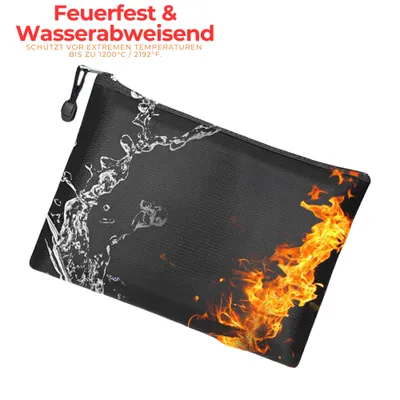 A black pouch with graphics of water and fire, with German text above.