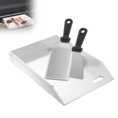 Produktbild von LZQ Edelstahl Grillplatte 30x40x4 cm, Gleichmäßige Wärmeverteilung für Gas- & Kohlegrills, Ohne Henkel – Inkl. 2x Grillspachtel, Rostfrei & Kratzfest – Ideal für BBQ & Grillpartys