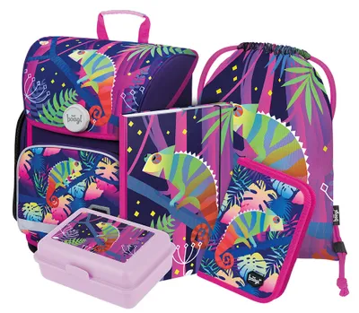 Produktbild von Baagl Schulranzen Mädchen Set 5 Teilig, Ergo Schultasche ab 1. Klasse, Ergonomische Grundschule Ranzen mit Brustgurt (Chamäleon)