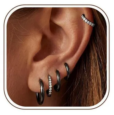 Produktbild von Creolen Set 5 Paar Silber Gold Damen Herren Knorpel Helix Piercings 8/10/12mm Schwarz