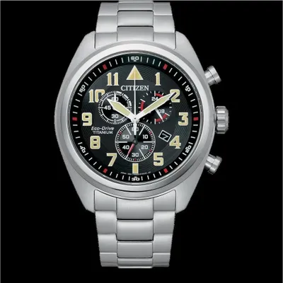 A close-up studio shot of a Citizen Eco-Drive Super-Titanium Chronograph men's watch against a black background.