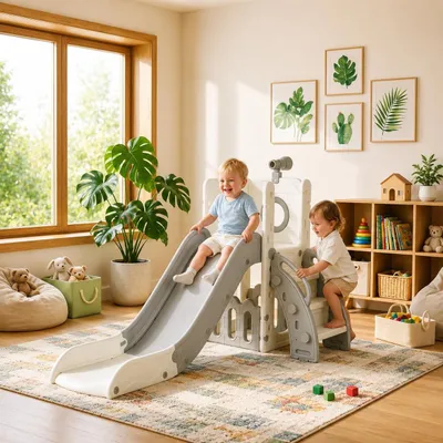 Produktbild von Kinderrutsche Spielrutsche Rutschbahn - Einteilig - Grau und Weiß - Für Innen und Außen
