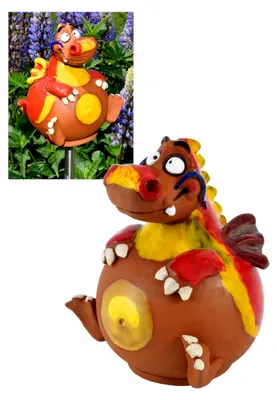 Produktbild von Gartenstecker aus Keramik - Wetterfeste Gartendekoration - Gartenfiguren und Statuen - Roter Drache