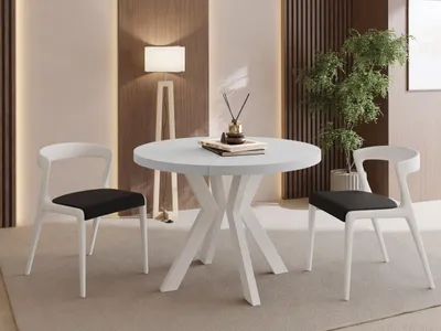 Produktbild von Runder Esstisch Ausziehbar 90-190 cm – Verlängerbar, für 5-9 Personen mit Weißen Holzbeinen – Tisch für Wohnzimmer & Esszimmer in Weiß