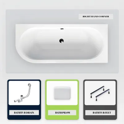 Produktbild von Asymmetrische Badewanne - 160 x 75 cm - Rechts - ohne Verkleidung - mit Füßen - Kopfstütze - Ablaufgarnitur Chrom - AVITA