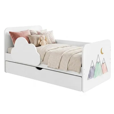 Immagine prodotto di Letto bianco per bambini 160x80 cm con motivo a nuvole | Con contenitore e materasso in schiuma | Per bambine e bambini