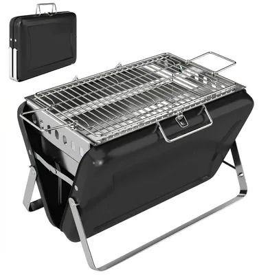 Produktbild von Holzkohlegrill aus Edelstahl BBQ Smoker mit Grillrost Griff klappbaren Beinen für Barbeque Camping 40x28x25,5cm Schwarz