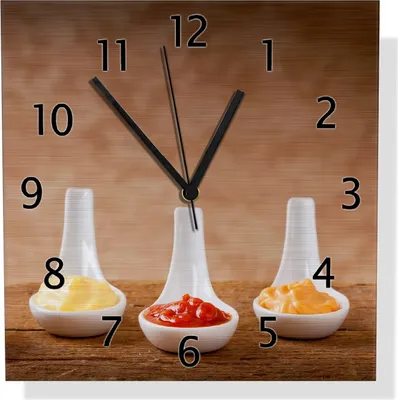Produktbild von Wallario Design Wanduhr Verschieden Soßen auf Keramiklöffeln aus Aluverbund, Größe 30 x 30 cm