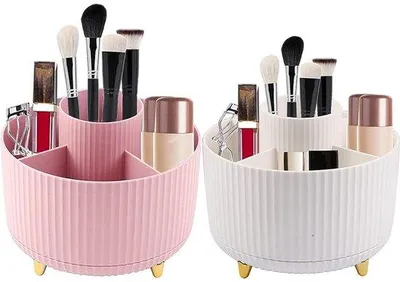 Obrázek produktu pro Uniqoos® Otočný organizér na make-up o 360° – ABS, 5 přihrádek, 4 zlaté nožičky s protiskluzovou základnou, růžová/bílá barva, úložný prostor pro kosmetiku a doplňky
