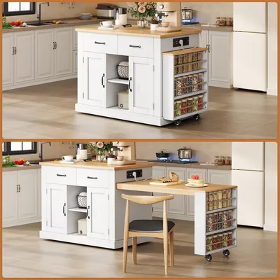 Productafbeelding van Mobiel keukenblok 132(235)x60x93 cm, uitschuifbare eettafel/bar, 7 wielen, opbergplanken, verstelbare planken.