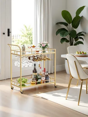Produktbild von Servierwagen Gold – Barwagen – Stahl und Spiegelglas – 80 x 38 x 77,5 cm