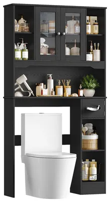 Image de Armoire de rangement pour machine à laver - Meuble haut pour WC et salle de bain - 7 étagères ouvertes - Avec porte-rouleau de papier toilette - Étagère de rangement étroite et gain de place - 89 x 20 x 173 cm - Noir