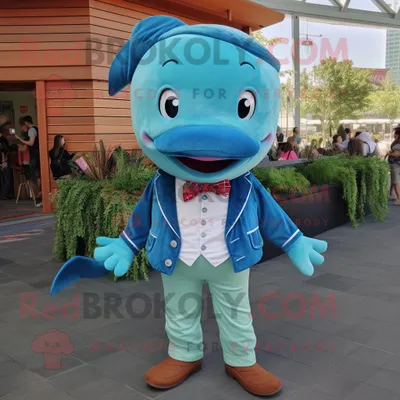 Productafbeelding van Turquoise Blue Whale mascotte REDBROKOLY kostuum karakter gekleed met een Chambray-shirt en strikjes