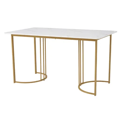 Obrázok produktu pre Sweiko 140 x 80 cm jedálenský stôl,(1-St), moderný kuchynský stôl, obdĺžnikový jedálenský stôl s kovovým rámom v modernom mramorovom vzore kuchynský stôl s nastaviteľnými nohami do jedálne obývačky, biely/zlatý