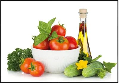 Produktbild von Wallario Wandbild Frische Salatzutaten mit Kräuter-Öl - Tomaten, Gurke, Petersilie, Größe: 70,30 x 100,30 cm, Poster mit schwarzem Aluminiumrahmen