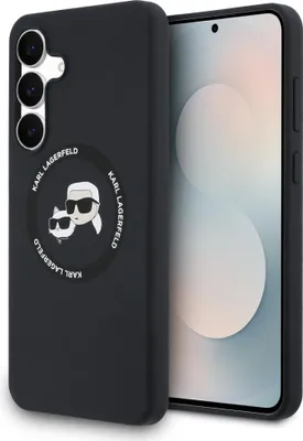 A black phone case with a Karl Lagerfeld design is shown next to a smartphone.