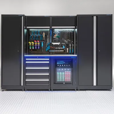 Produktbild von Werkstatteinrichtung PREMIUM Edelstahlplatte mit Kühlschrank – 285 cm breit