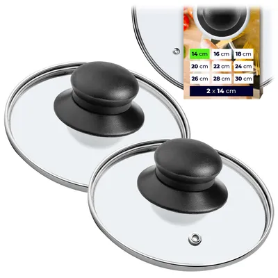 A collage showing two glass lids with black handles and a marketing graphic with size options.