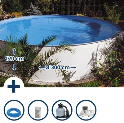 Produktbild von Stahlwandpool Set rund Brasilia 300x120 cm, Stahl 0,6 mm weiß, Folie 0,6 mm blau, Einhängebiese