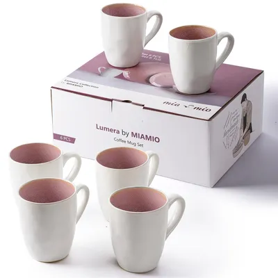 Zdjęcie produktu dla Zestaw 6 filiżanek do kawy Unyqoos® Lumera, pojemność 350 ml (12 oz), ręcznie robione, wykonane z ceramiki, kolor różowy
