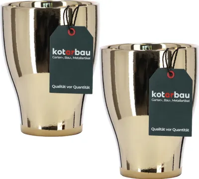 Two gold ceramic pots with tags.
