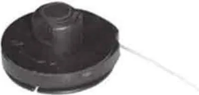 A black string trimmer head with a white trimmer line extending to the right, isolated on a white background.