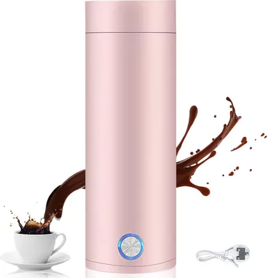 A pink electric kettle with a cup of coffee splashing into it and a power cord.